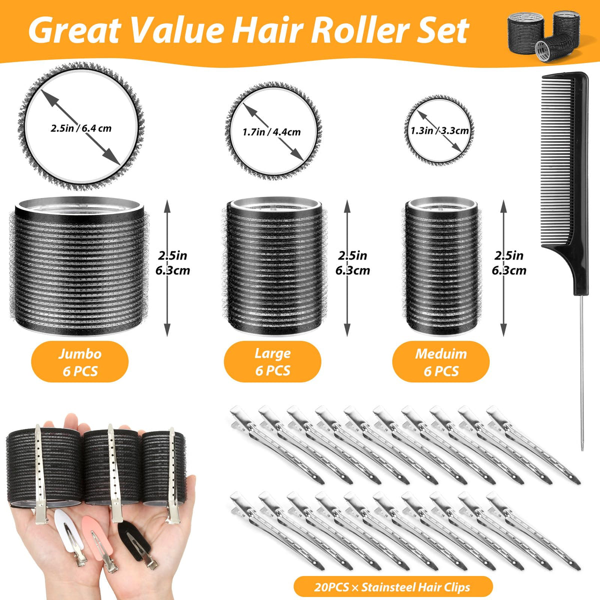 Qinzave roller size comparison showing jumbo, large, and medium options for varied curls