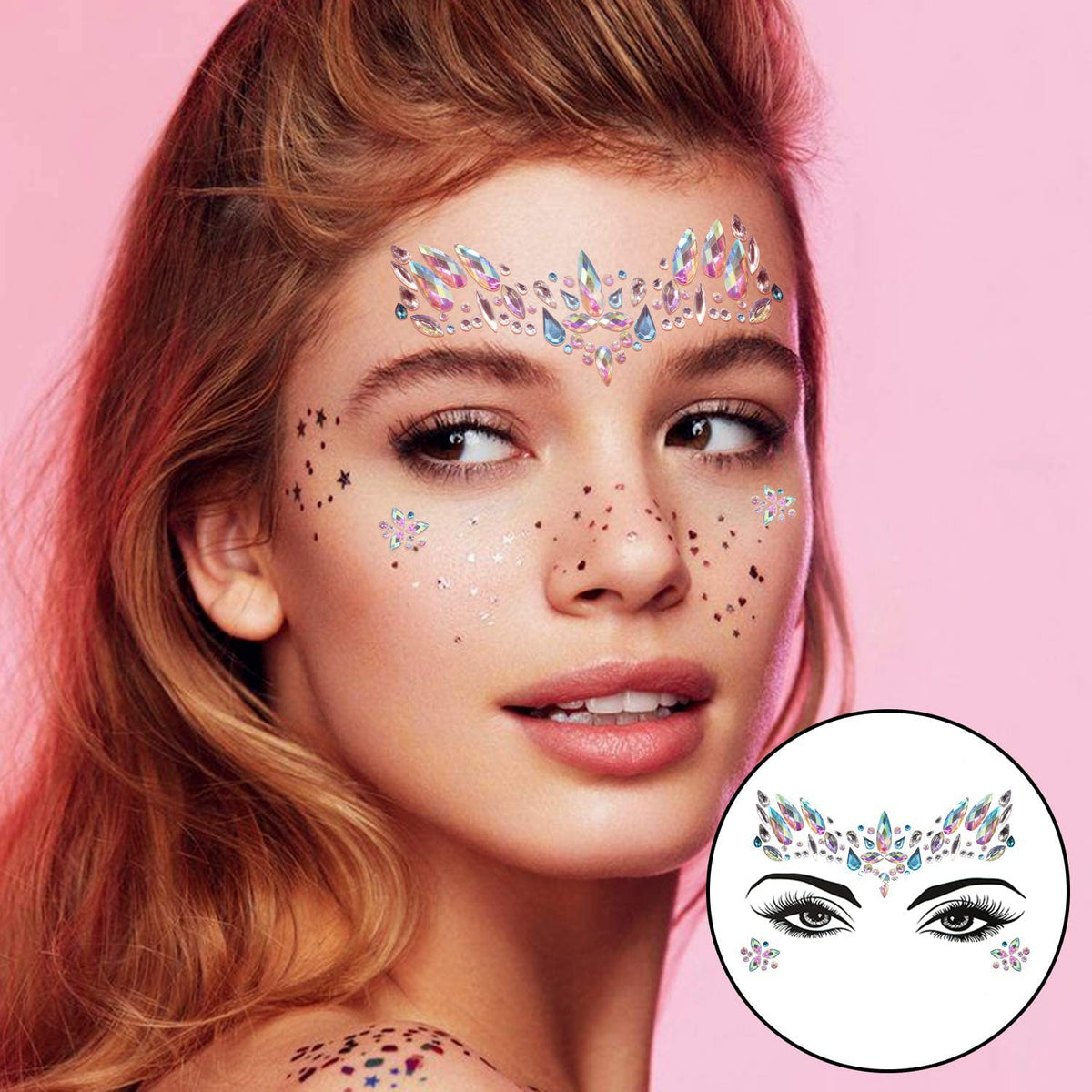 qiseven detail of gems around eyes and brows for dramatic effect