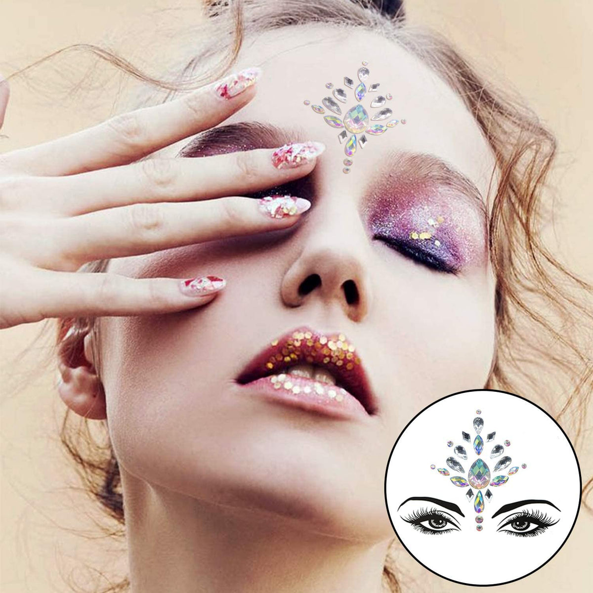 qiseven on model at festival showing how gems enhance makeup
