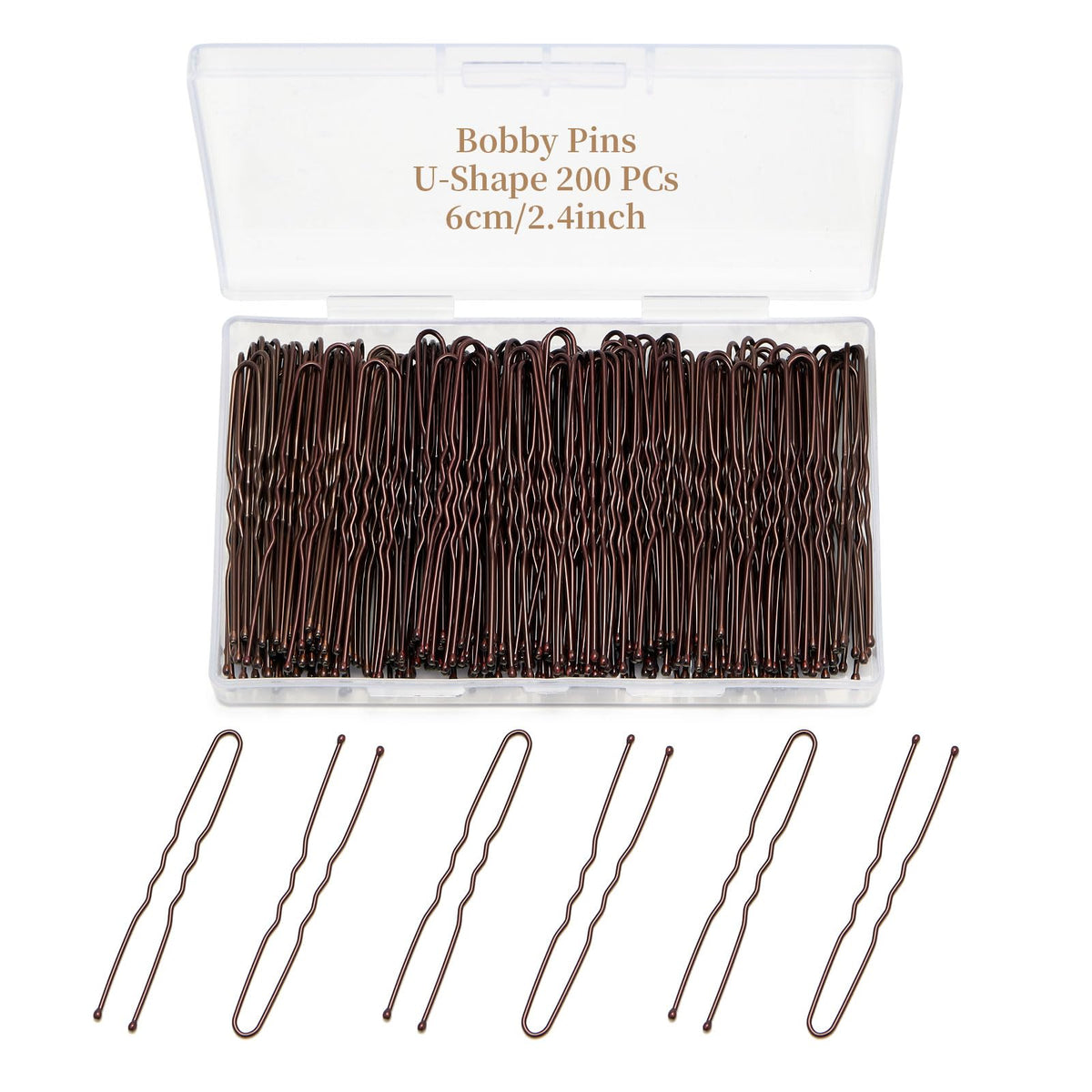 QIUTIMIY front packaging clear box with 200 brown U-shaped pins for organized storage and travel