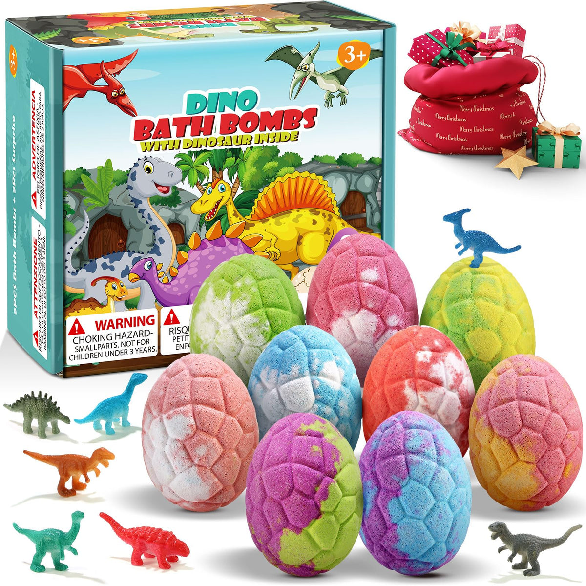 Qivatex front packaging showing nine colorful dinosaur bath bombs and benefits