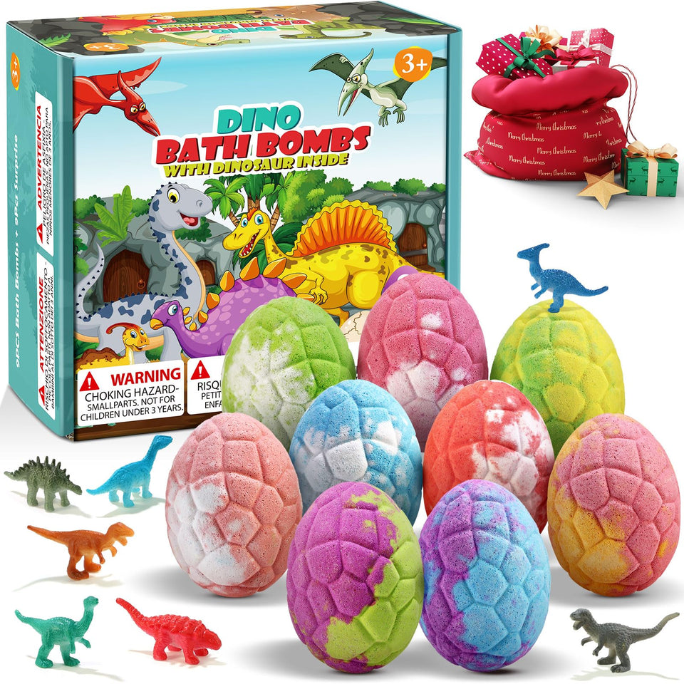 Qivatex front packaging showing nine colorful dinosaur bath bombs and benefits