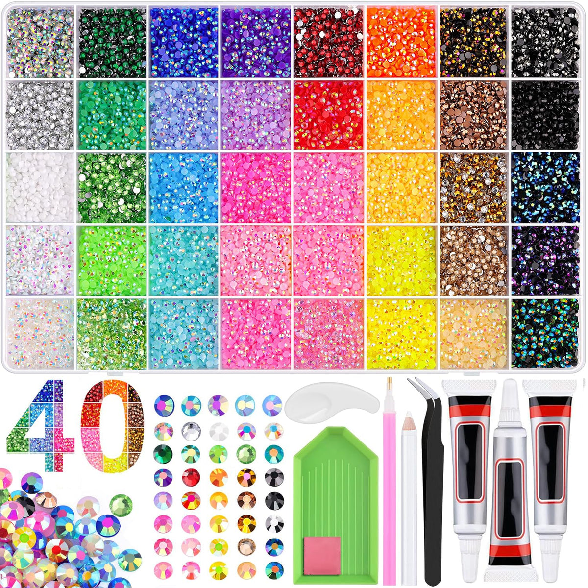 QIZUHIUN front packaging showing full rhinestone kit and included tools for convenience