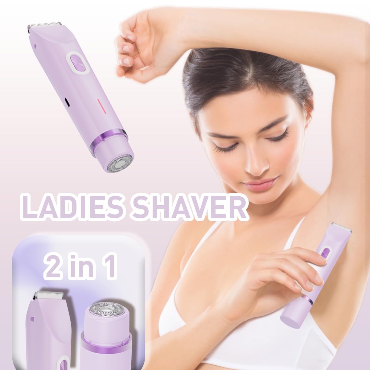 QLWQ dual head detail illustrating serrated trimmer and foil bikini shaver benefits