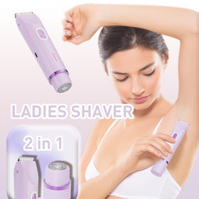 QLWQ dual head detail illustrating serrated trimmer and foil bikini shaver benefits