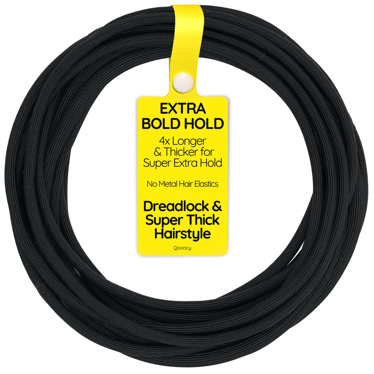 Qooocy front packaging showing 12 black extra long hair ties, durable and ready