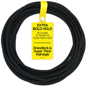 Qooocy front packaging showing 12 black extra long hair ties, durable and ready