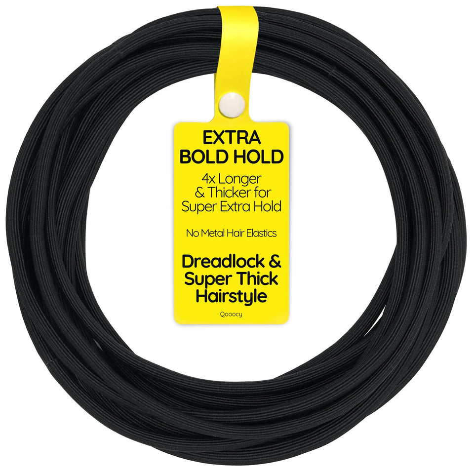 Qooocy front packaging showing 12 black extra long hair ties, durable and ready