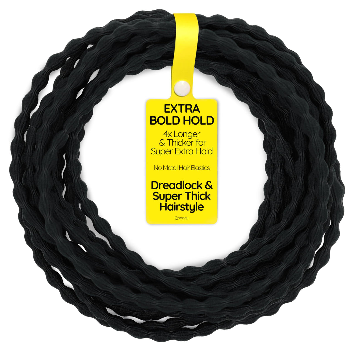 Qooocy front packaging showing 12 extra long hair ties for thick hair benefit: organized pack