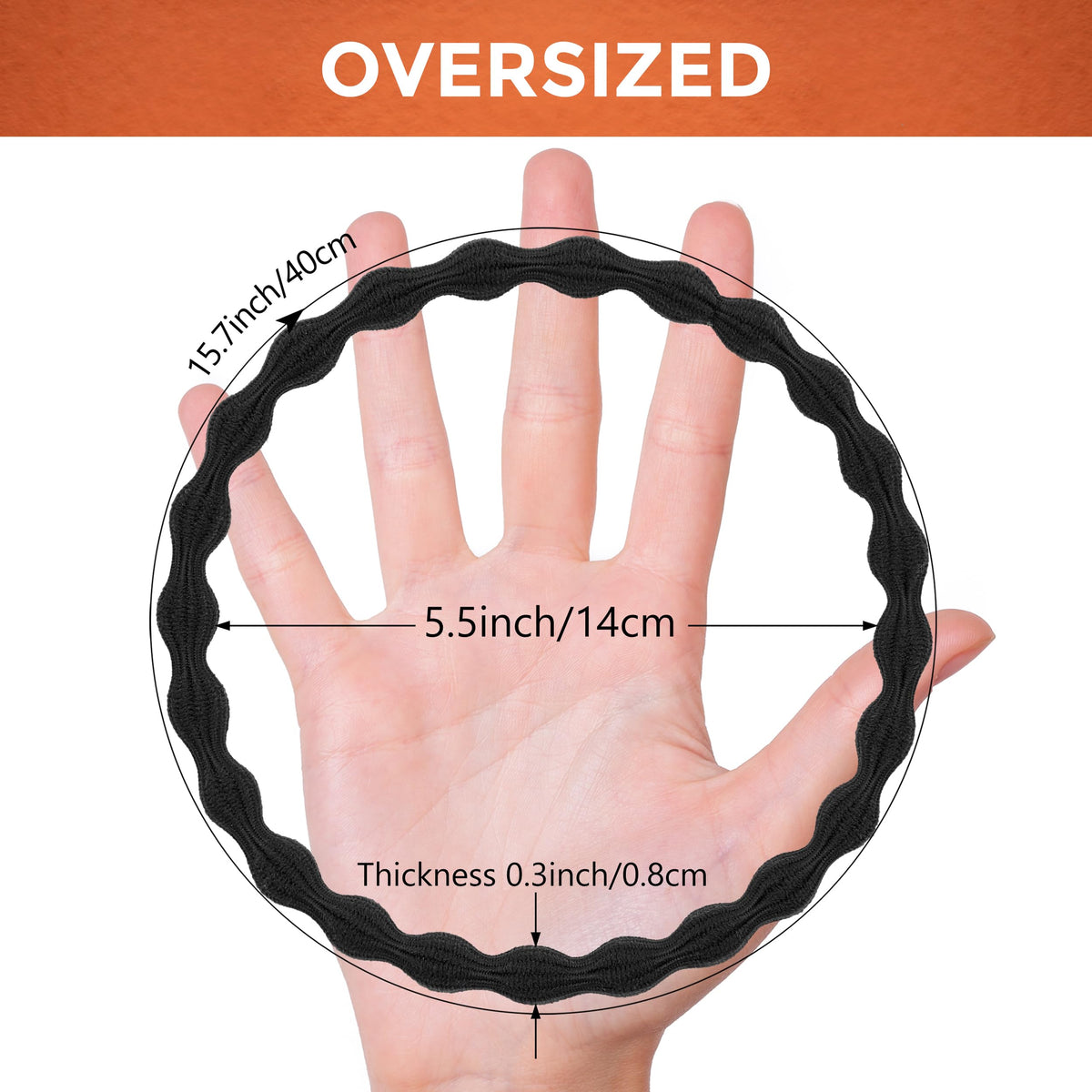 Qooocy hair tie beside ruler showing extra-large size for bulky styles