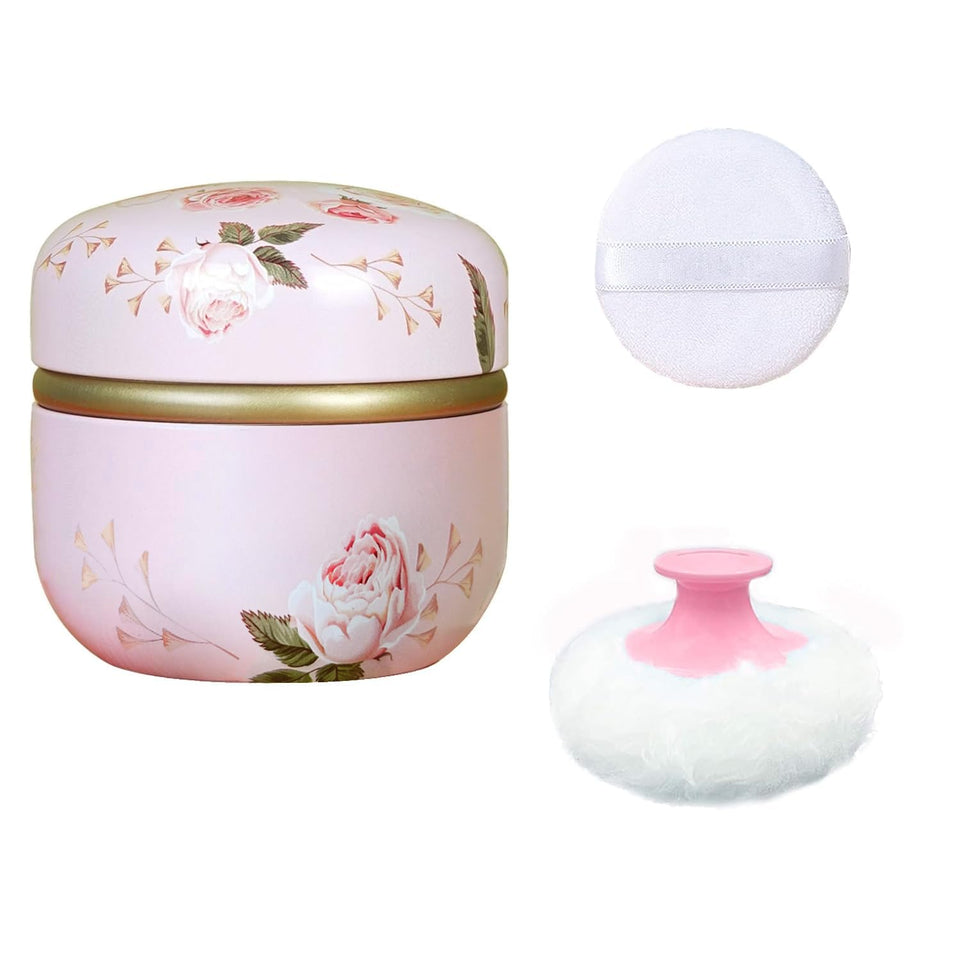 Qopoto front view of floral powder tin showcasing compact travel-safe design