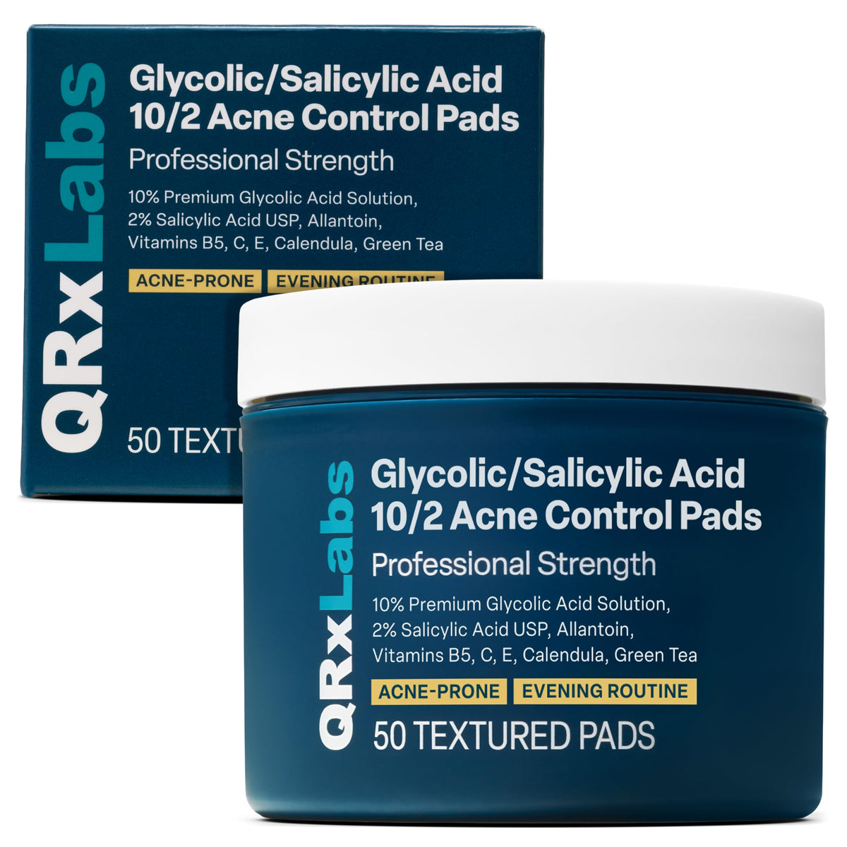 QRxLabs front packaging showing jar and label, highlighting convenient acne solution