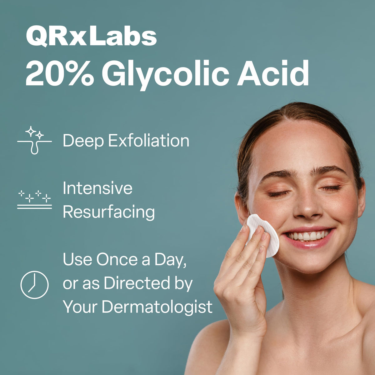 Single QRxLabs glycolic acid pad close-up showing saturated peel pad benefit
