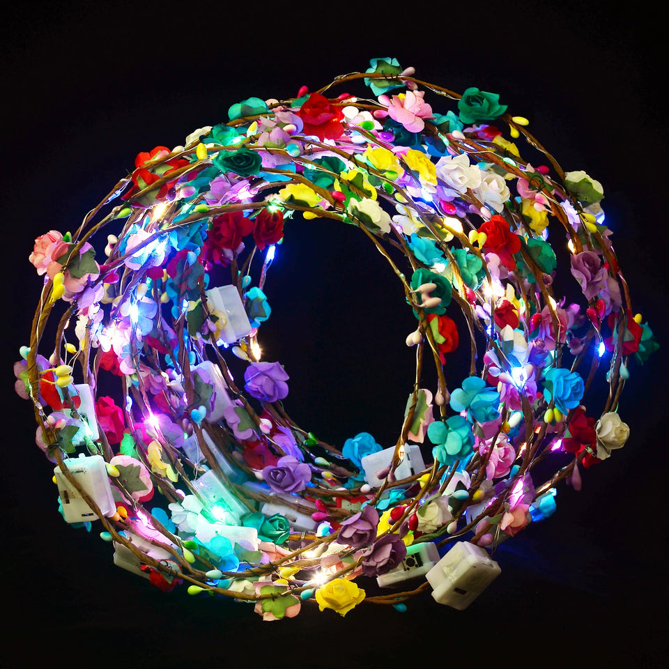 QSJQAMG front packaging showing 30 LED flower crowns and benefits for events