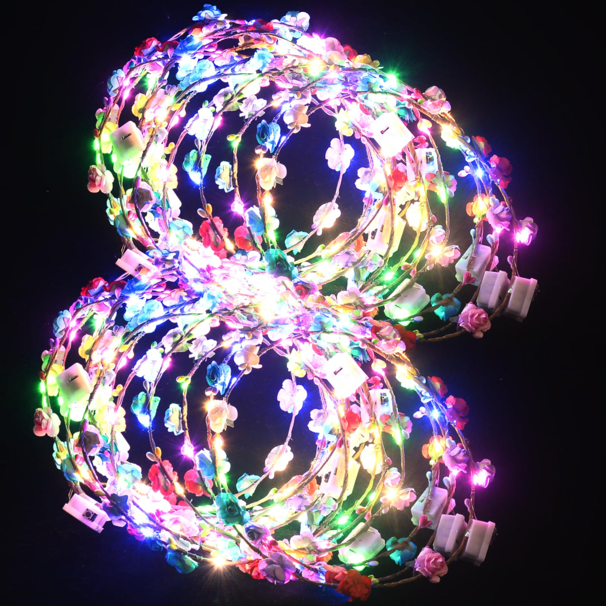 QSJQllo front packaging showing 20 floral LED crowns, perfect for parties