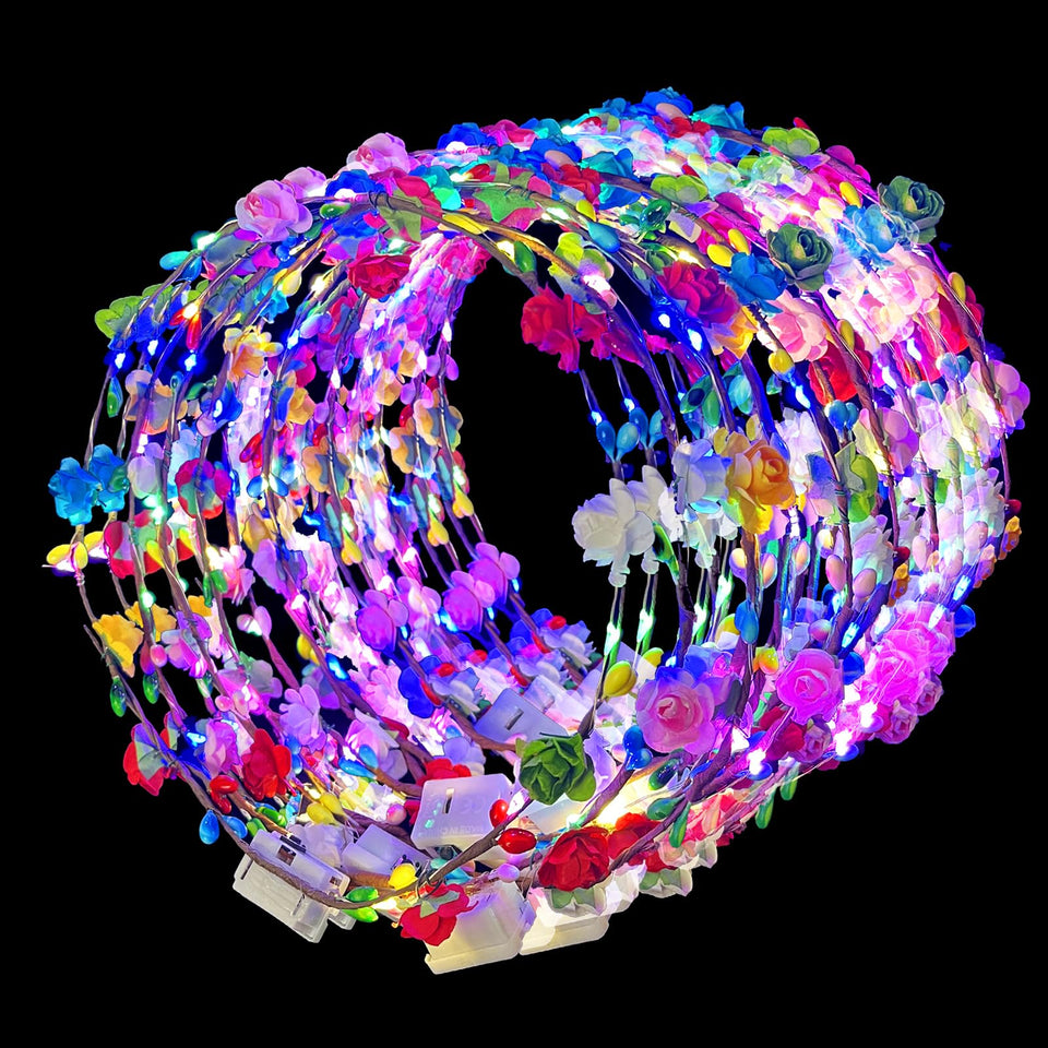 QSJQllo front view of LED flower crown showing glow and floral design for photos