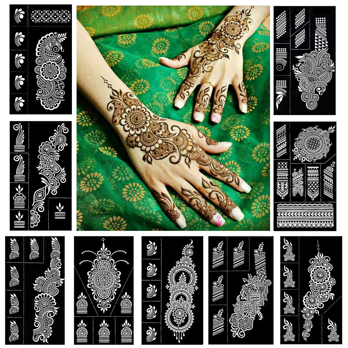 QSTOHENA front packaging showing nine reusable henna stencil sheets and contents benefit clarity