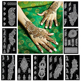 QSTOHENA front packaging showing nine reusable henna stencil sheets and contents benefit clarity