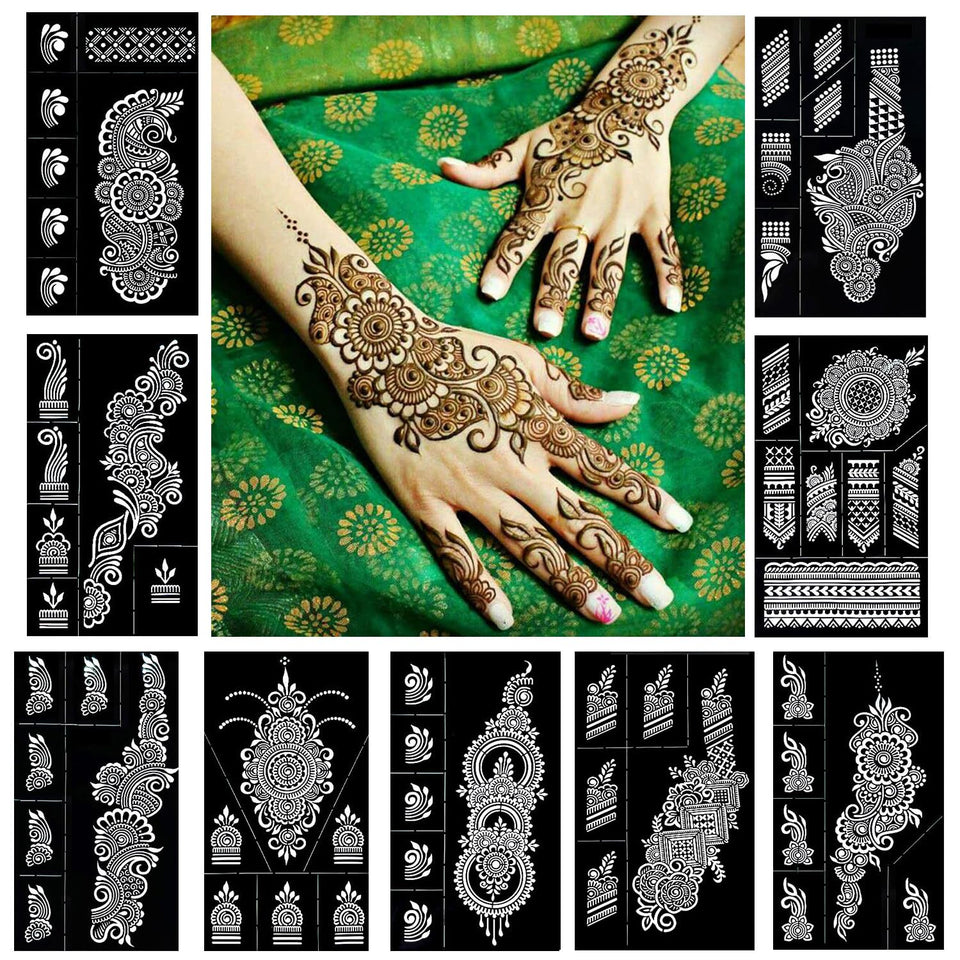 QSTOHENA front packaging showing nine reusable henna stencil sheets and contents benefit clarity