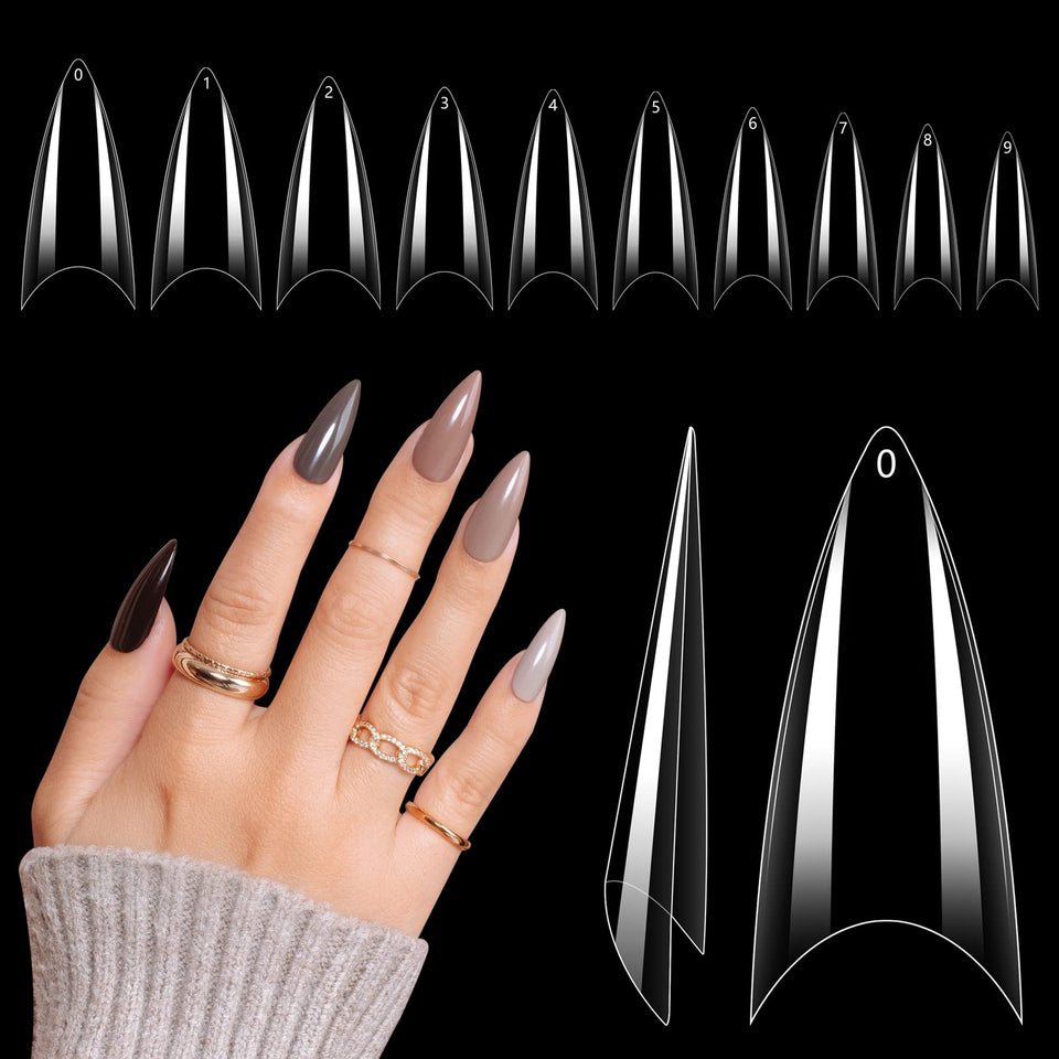Quaferen front box showing 500 clear stiletto tips and labeled sizes for organization