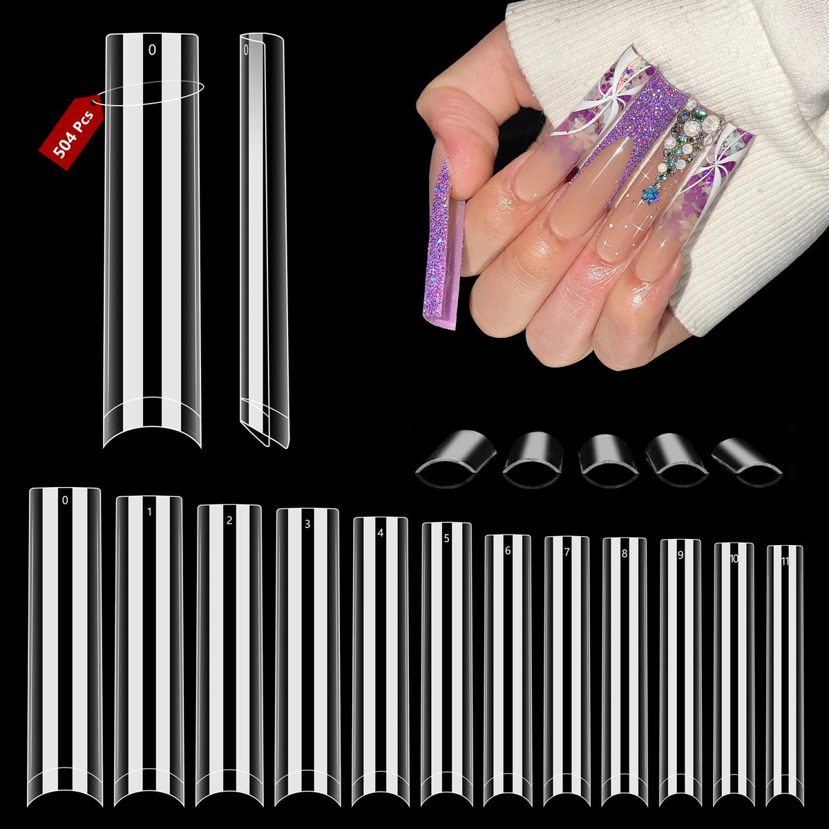 Quaferen front packaging showing 504 clear square nail tips and kit benefits