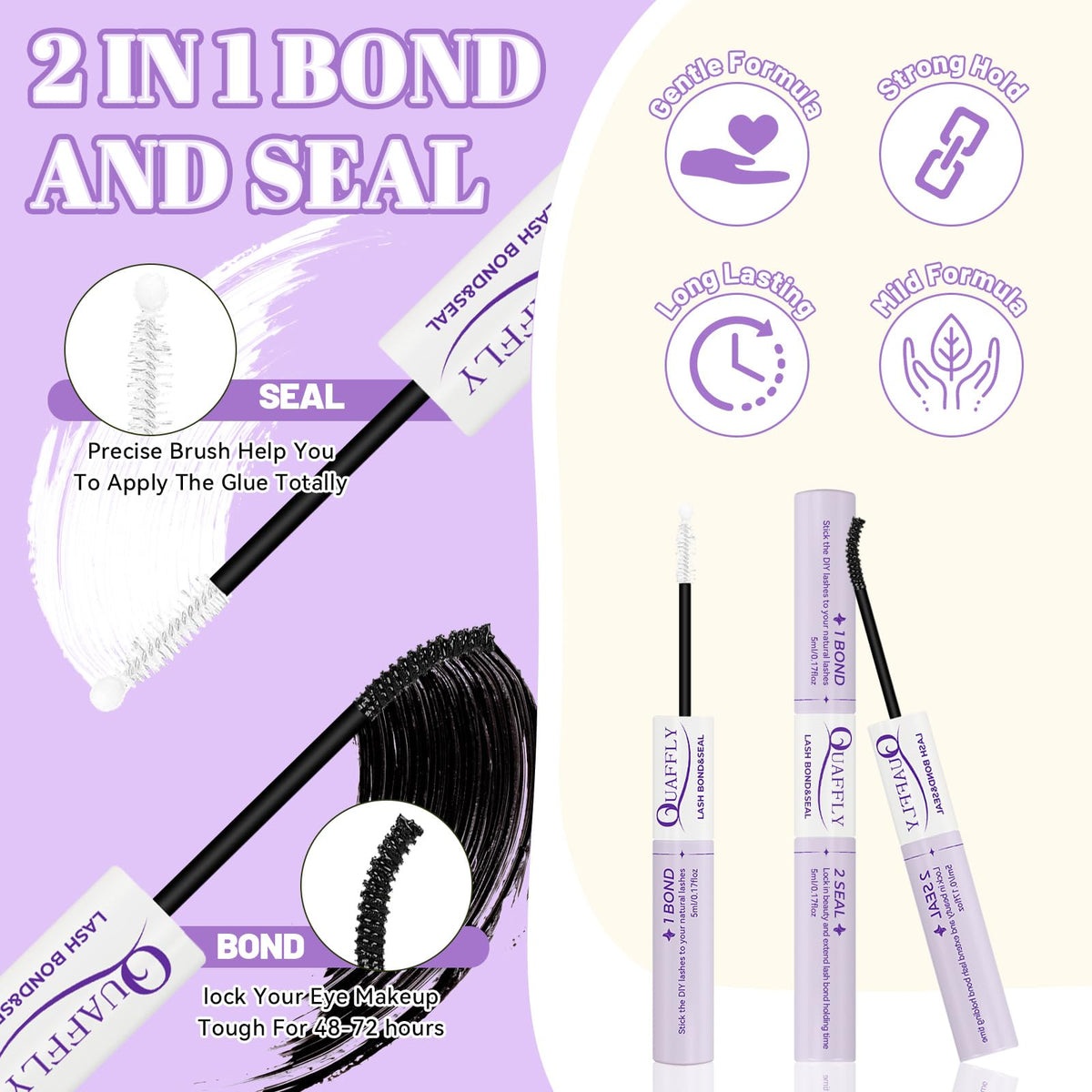 QUAFFLY lash bond and seal bottle demonstrating long-lasting hold