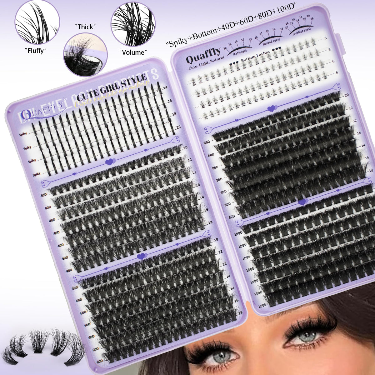 QUAFFLY bottom lash clusters arranged to show small pieces for lower-lash enhancement