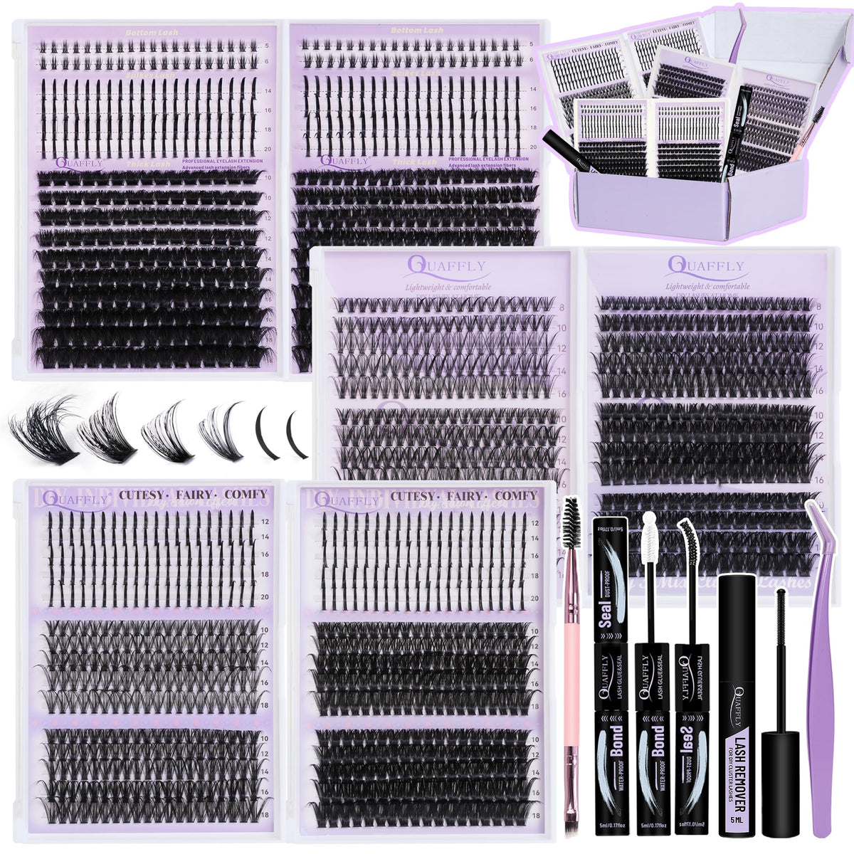 QUAFFLY front packaging showing full 1676-piece D curl kit, easy storage benefit