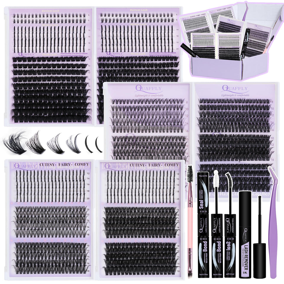 QUAFFLY front packaging showing full 1676-piece D curl kit, easy storage benefit