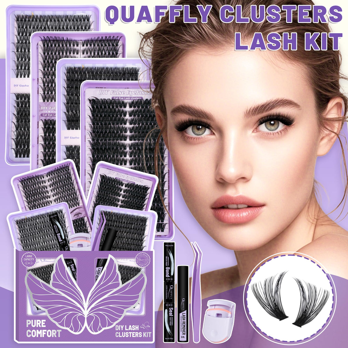 QUAFFLY tray showing 8–18mm gradient lengths for layered, dimensional lash looks