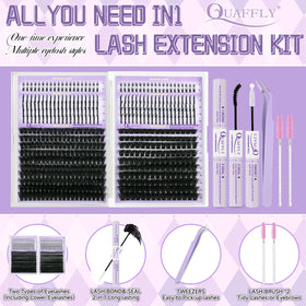 QUAFFLY open kit layout displaying lashes, bond, seal, and tools advantage