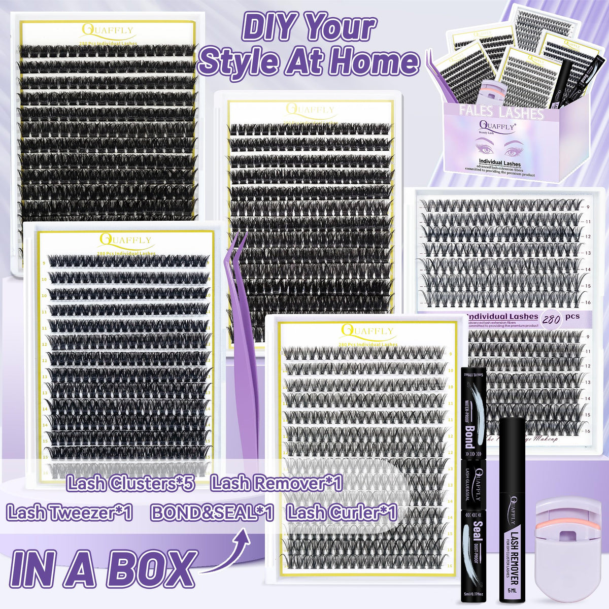 QUAFFLY arranged tools including glue, remover, tweezers and curler for application control