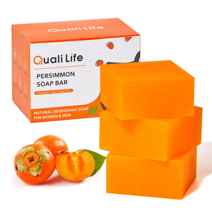 QualiLife front packaging showing three persimmon soap bars, clear product display