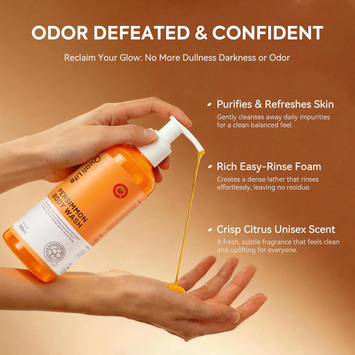 QualiLife persimmon body wash creamy lather texture delivering gentle cleansing