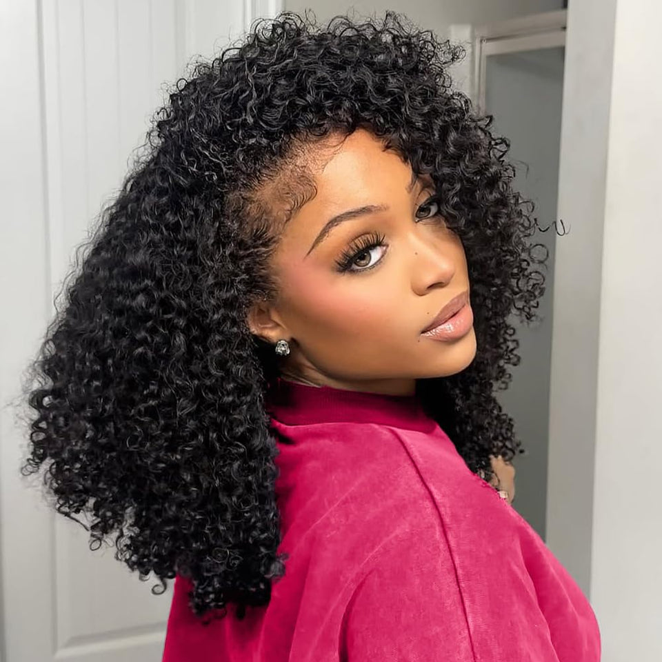 QUANDIAN front view of kinky curly half wig shows full natural volume benefit