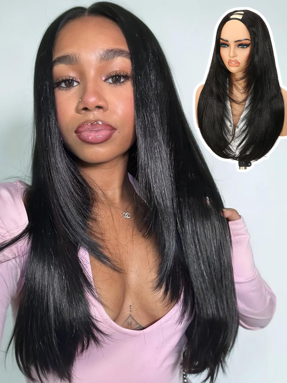 Quantum Love front view showing natural black layered half wig and realistic hairline