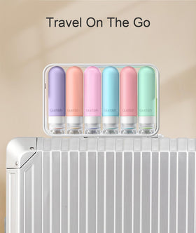 Quatish bottle in toiletry bag during travel demonstrating spill-free packing