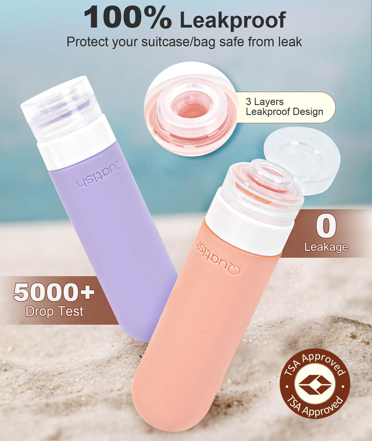 Quatish cap closeup highlighting leakproof three-layer lid seals benefit