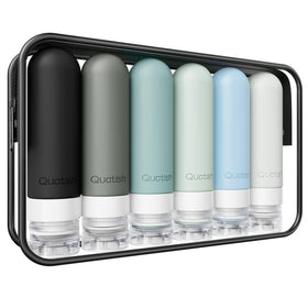 Quatish front packaging showing six black travel bottles and secure seals, ideal for leak protection