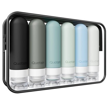 Quatish front packaging showing six black travel bottles and secure seals, ideal for leak protection