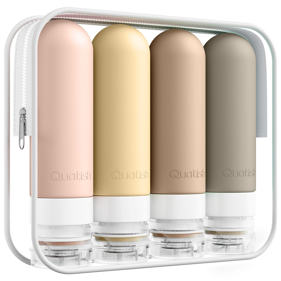 Quatish front view of four brown bottles showing compact TSA-ready set and convenience