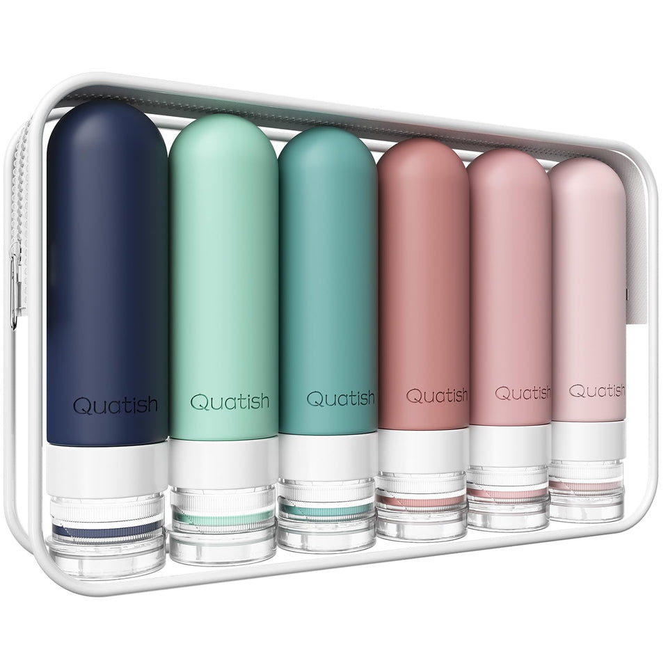 Quatish front view of six-pack bottles showing Morandi colors and compact travel benefits