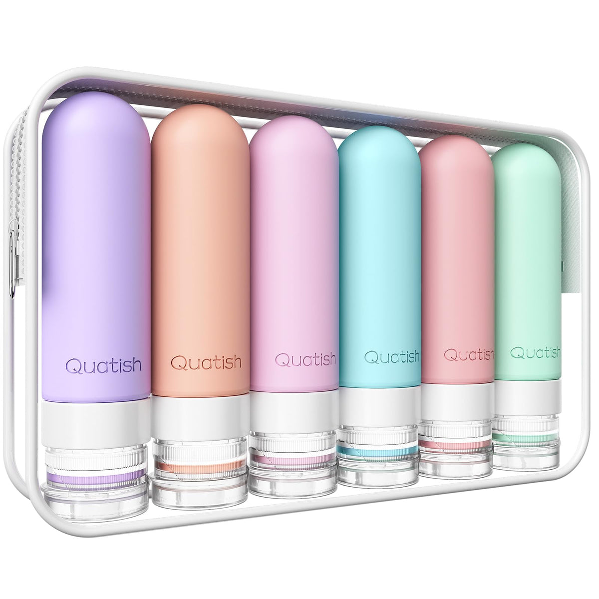 Quatish front pack periwinkle showing six travel bottles protecting toiletries