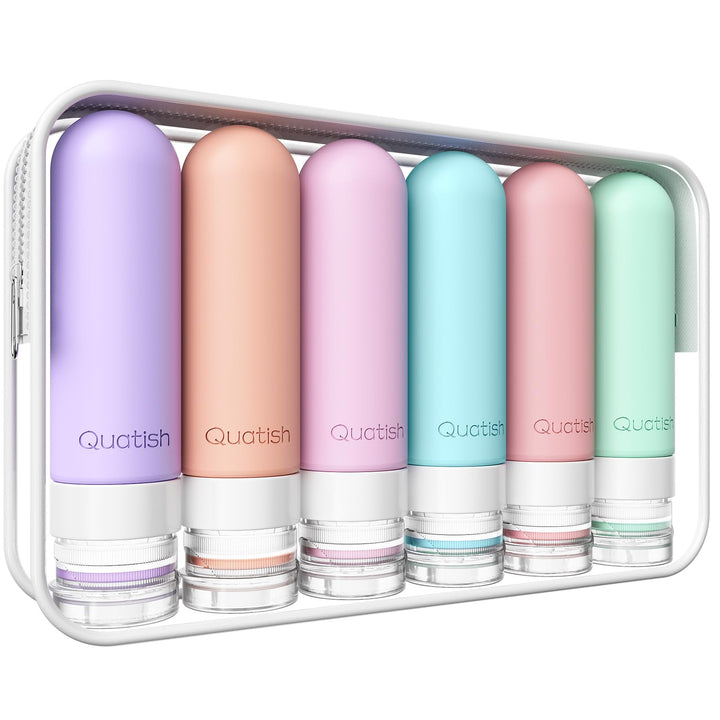 Quatish front pack periwinkle showing six travel bottles protecting toiletries