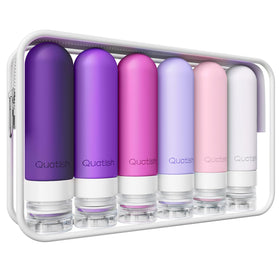 Quatish front packaging showing six purple 3 oz bottles and travel-ready benefit