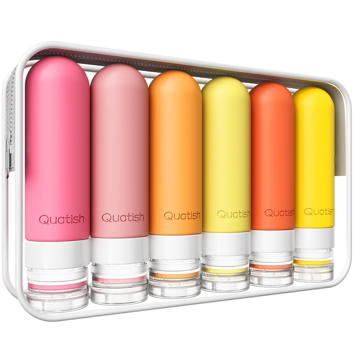 Quatish front view of six-pack macaron bottles showing compact travel organization benefit