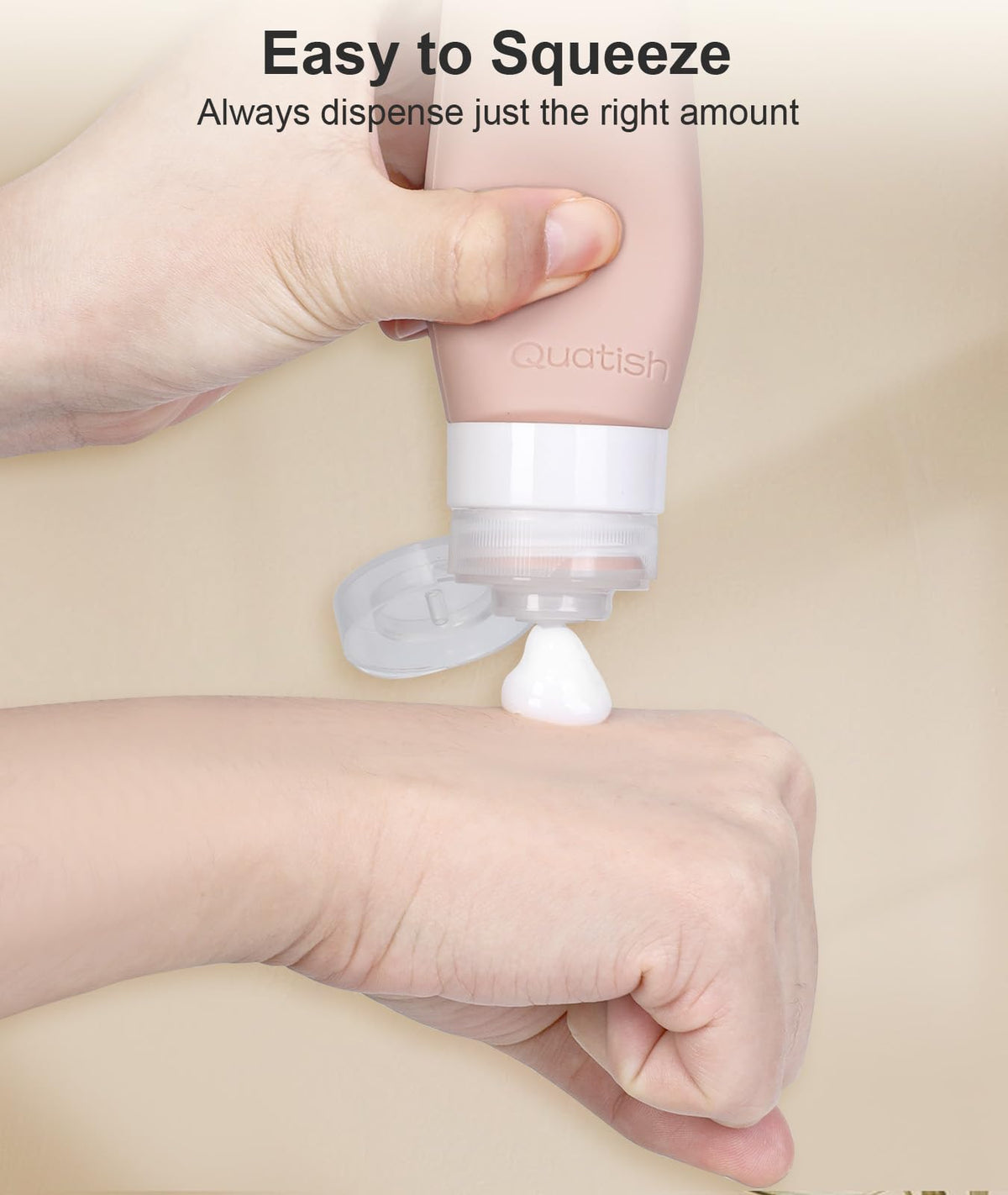 Quatish bottle dispensing shampoo into hand showing precise measured dispensing