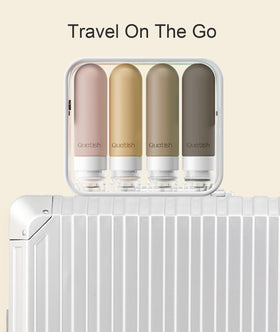 Quatish bottles neatly packed inside a toiletry bag showing organized travel use