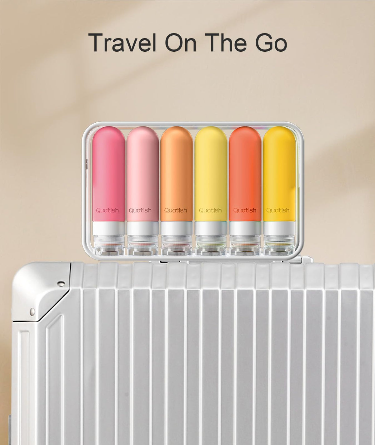 Quatish bottle held in hand to show 3 oz TSA-approved size for carry-on convenience