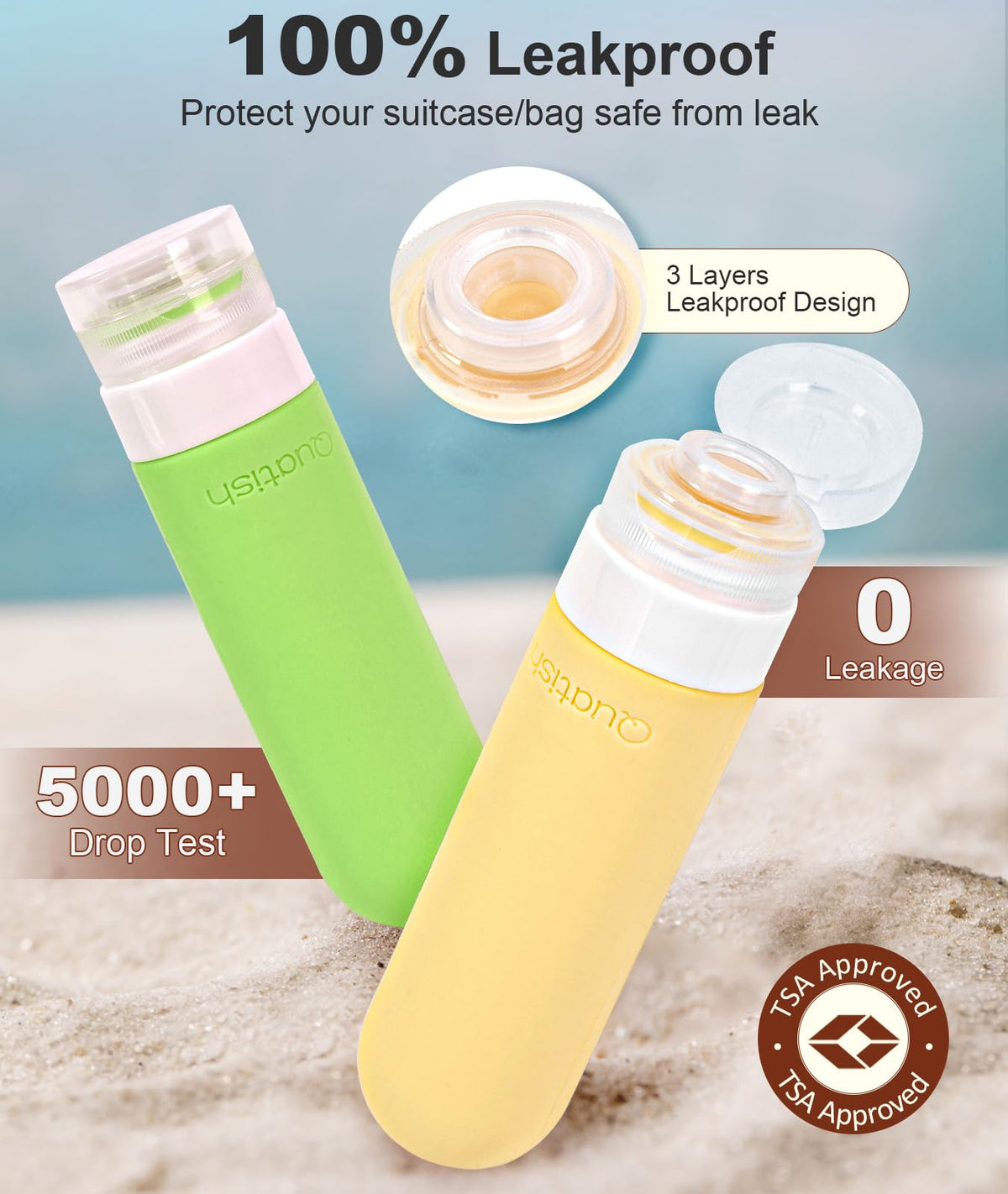 Quatish spray bottle detail demonstrating fine mist travel convenience